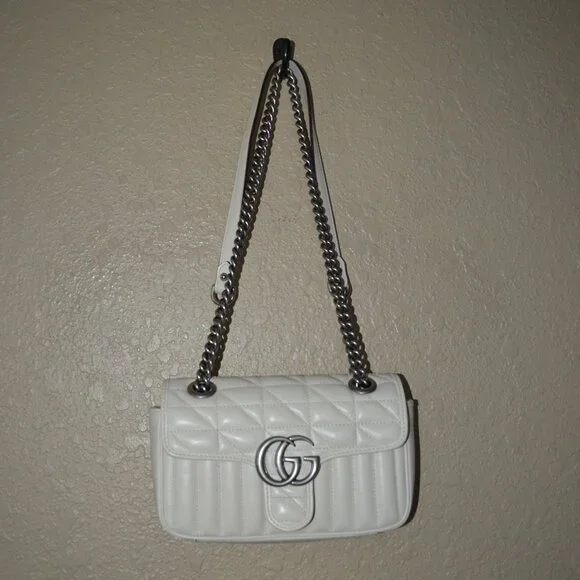 New Gucci GG Ivory Marmont Chevron Matelasse Silver Chain Shoulder Bag - Picture 3 of 13